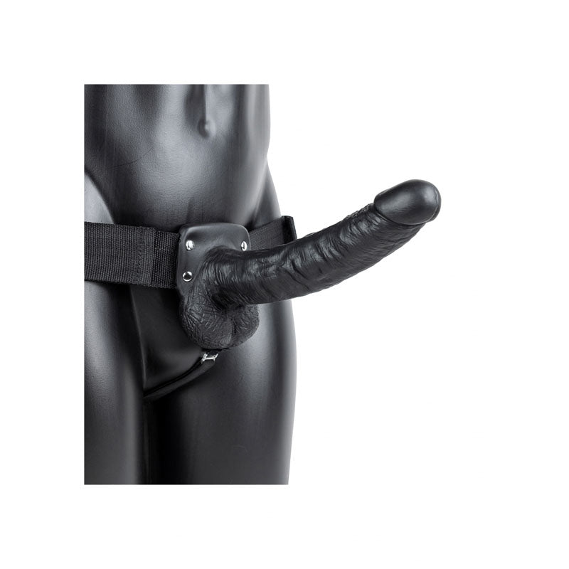 REALROCK Vibrating Hollow Strapon + Balls - 23cm Black - Black 23 cm Vibrating Hollow Strap-On